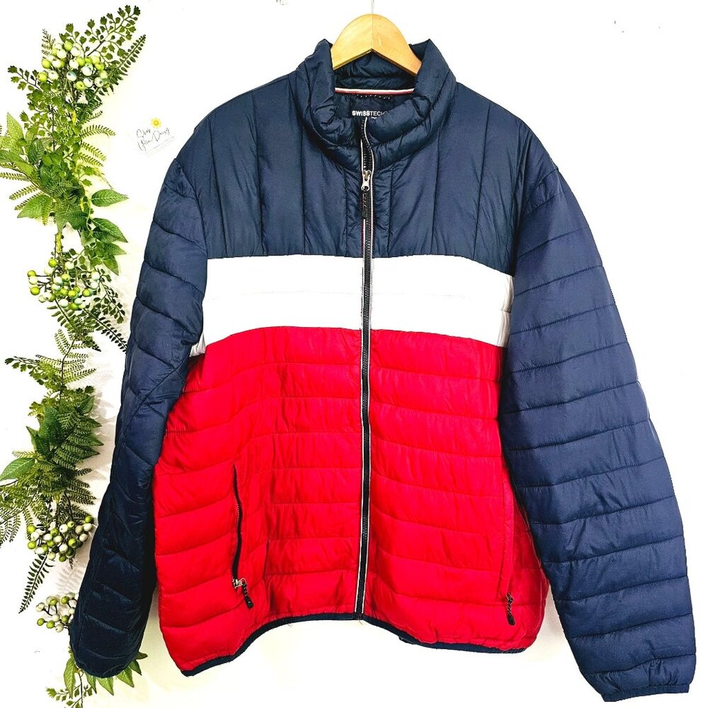 SwissTech Mens‎ 2XL Puffer Jacket Red White Blue Colorblock Packable SM49602YCB